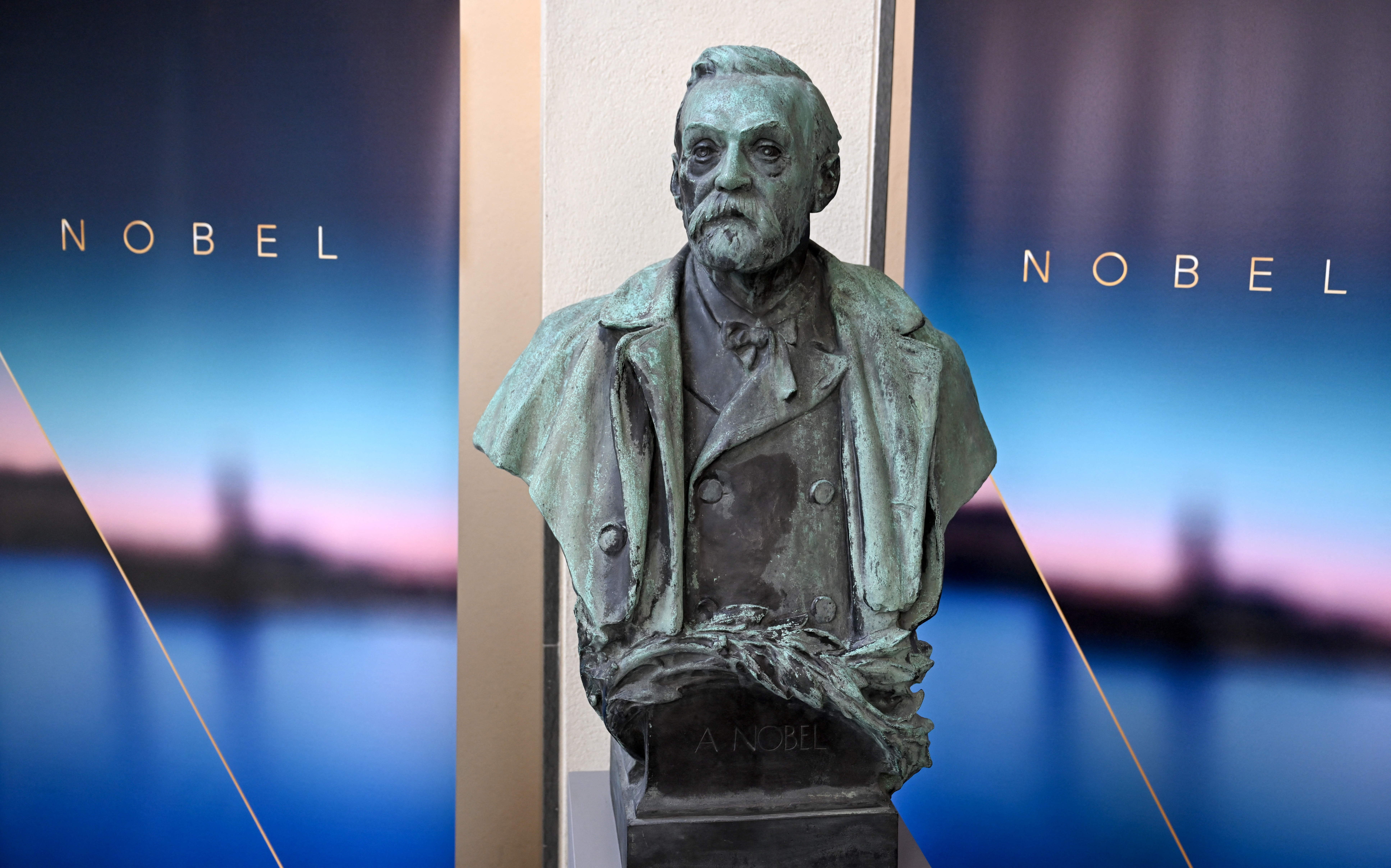 A bust of Swedish chemist, inventor and businessman Alfred Nobel, founder and namesake of the Nobel Prizes, is pictured on October 6, 2025 at the Karolinska Institute in Stockholm, Sweden.